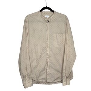 REISS Waldorf Mens XL Long Sleeve Button Shirt Beige‎ Navy Polka Dot Collarless